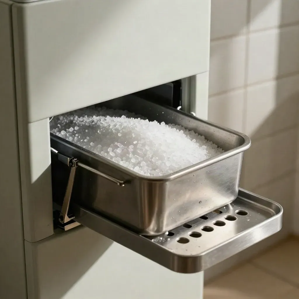 Zorgvuldig onderhouden ontharderkast met open zoutreservoir en schone lekbak in technische ruimte.