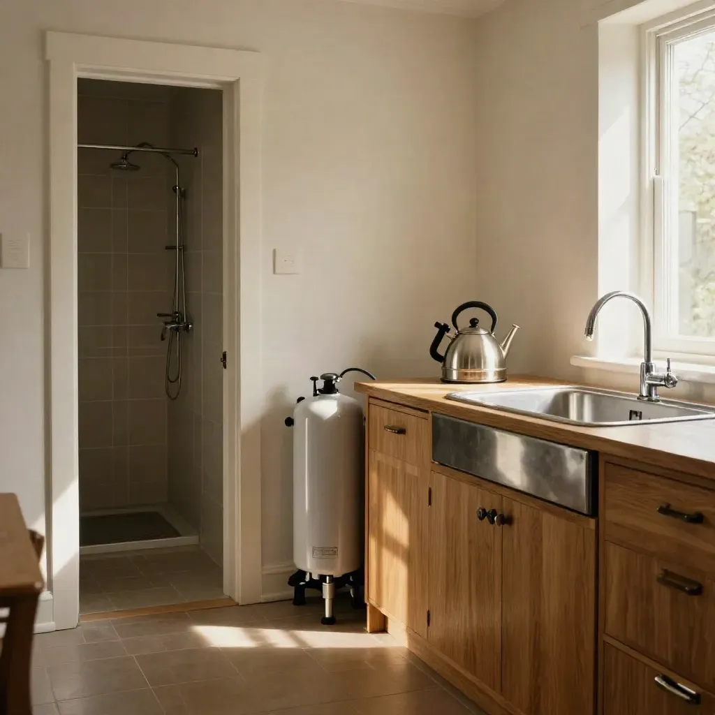 Bijkeuken met waterontharder, glanzende kraan en ketel in warm namiddaglicht.