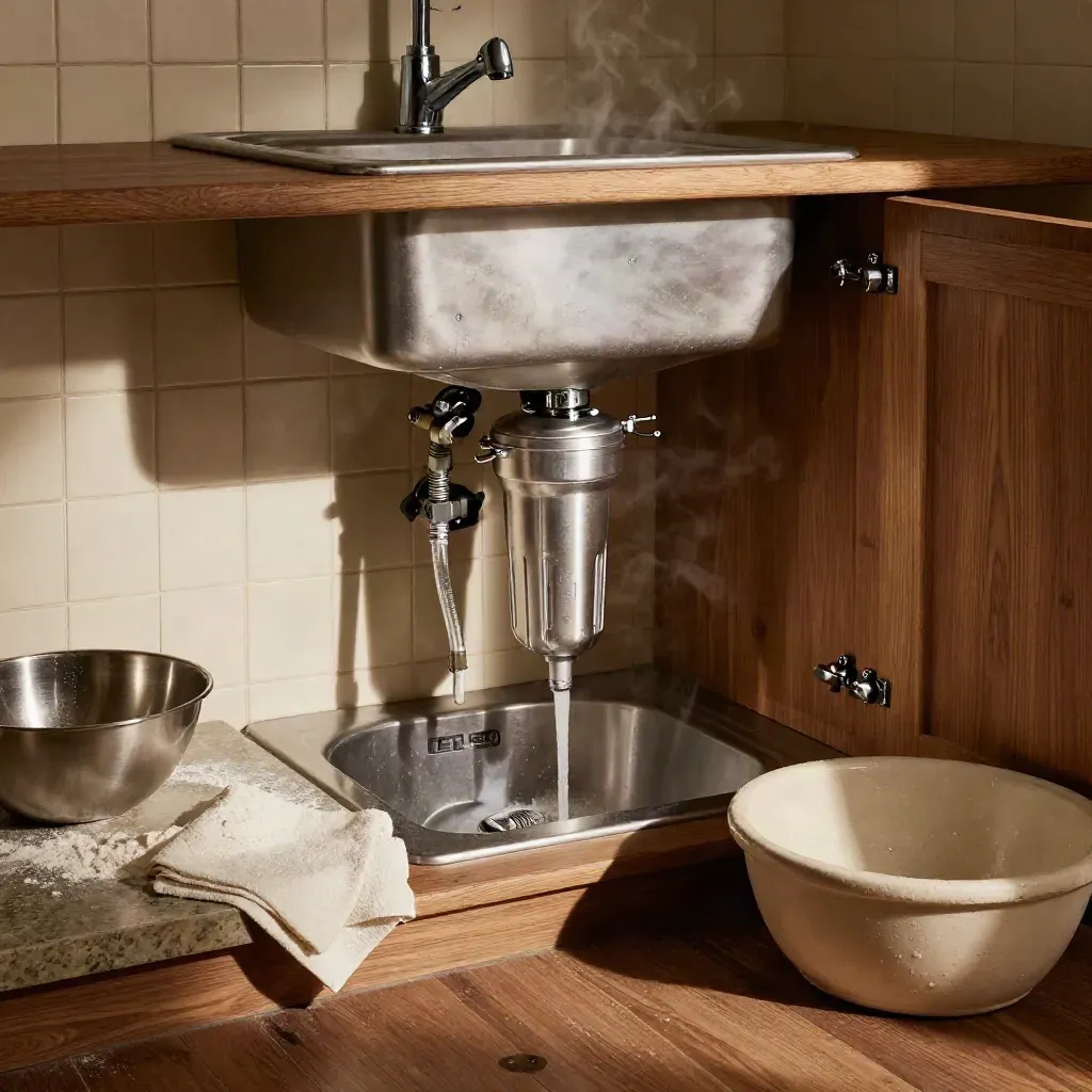 Bakkerijspoelruimte met nieuw filter onder de spoelbak, stromend water en RVS mengkommen.