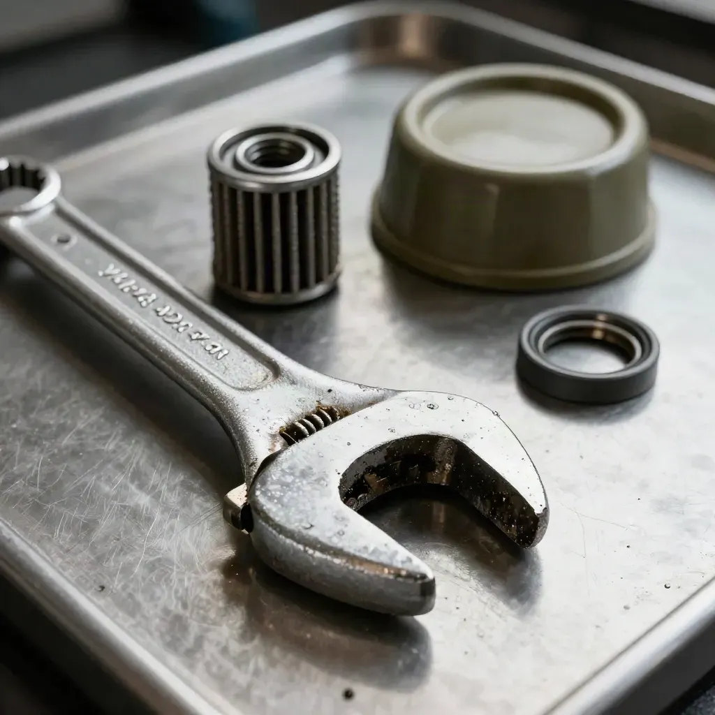 Servicegereedschap en O-ringen op een metalen plateau naast een servicepet.