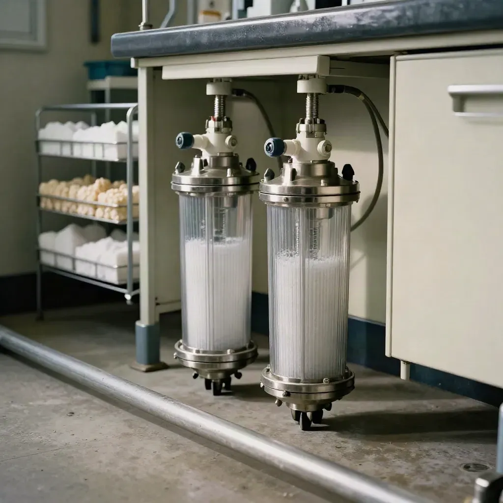 Nette watertechnische ruimte met filters, zoutrek en gesloten panelen na onderhoud.