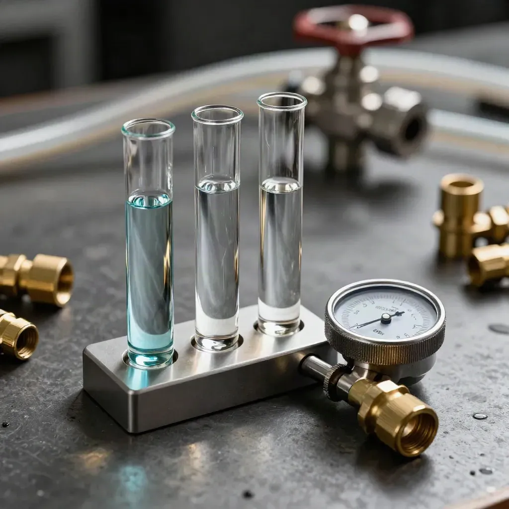 Hardheids-comparator, vials, manometer en messing koppelingen op een donkere werktafel.