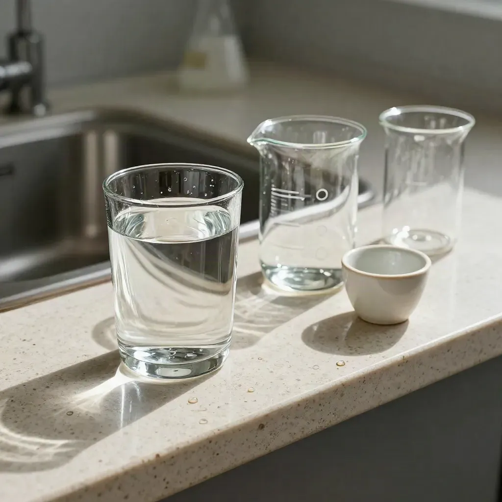 Glas water, laboratoriumbekers en keramische proefkop op een lichte stenen plank.