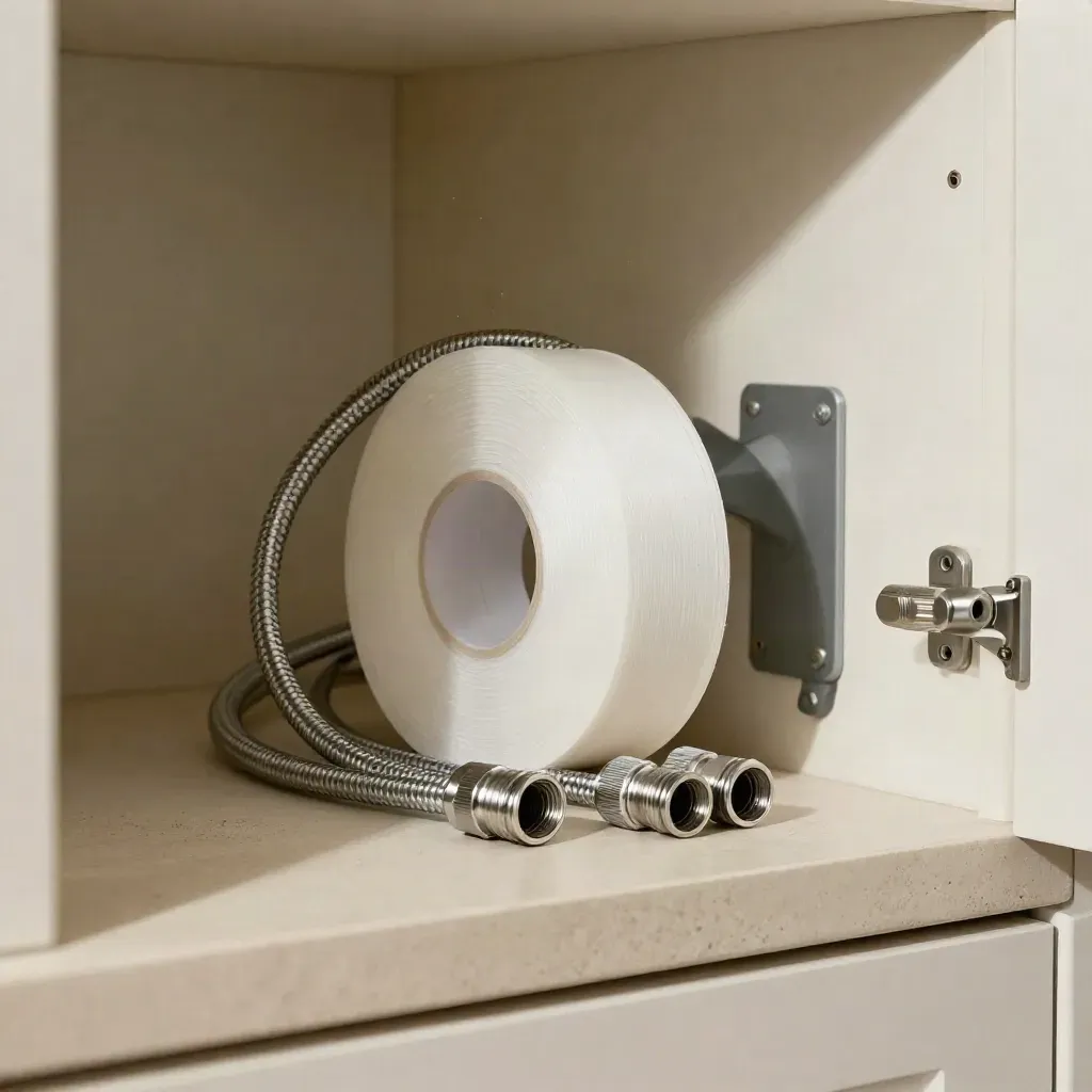 Installatieset met flexslang, PTFE-tape en koppelingen naast een open kast.