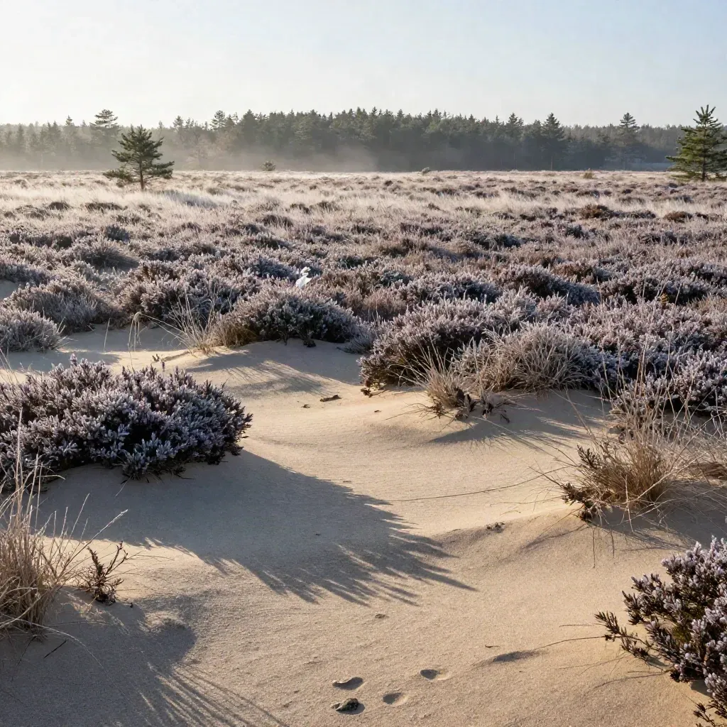 Veluwse heide met dennenrand, stuifzand en ochtendmist in zacht licht