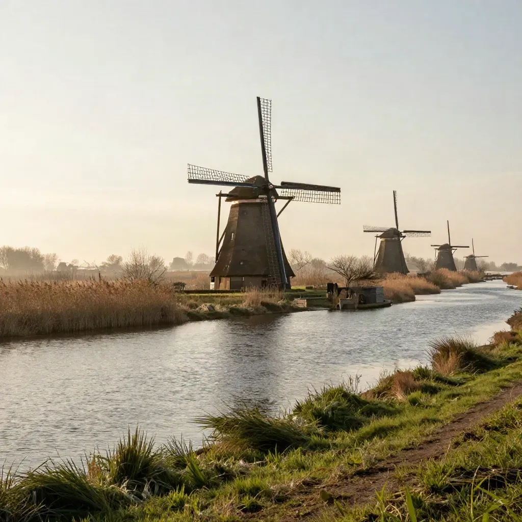 Kinderdijkse molens boven mistig water en riet in warm avondlicht
