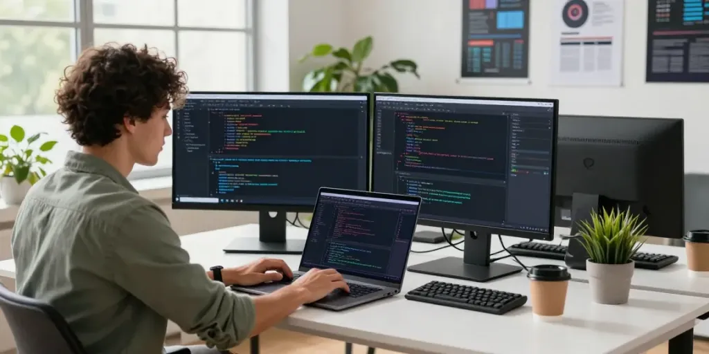 快连 software development workspace with a developer coding on dual screens